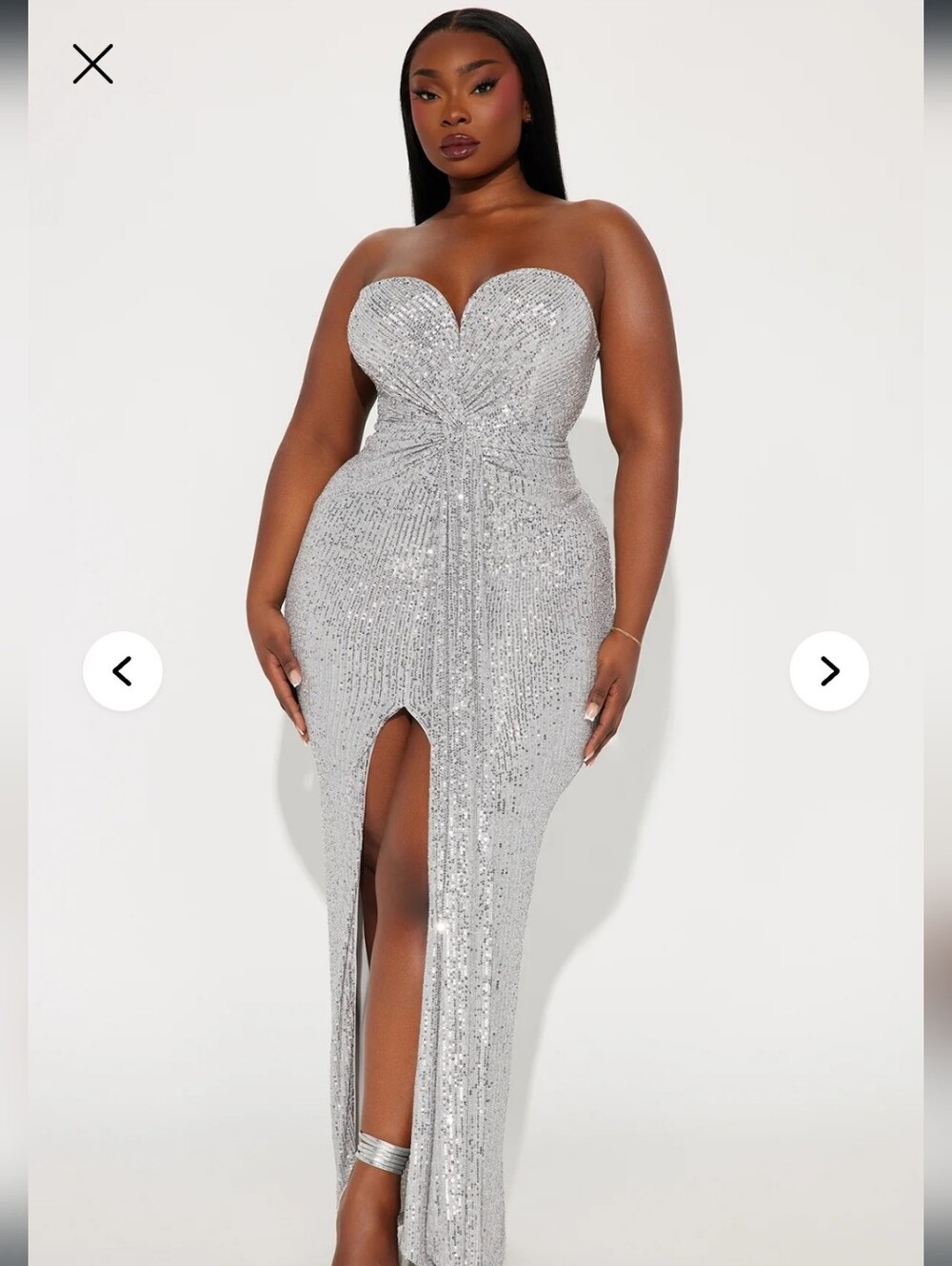 Fashion Nova Silver Strapless Sequin Gown with Front Slit